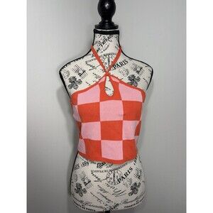 Dash of Nash Knit Pink Orange Check Halter Cropped Tank Top Size L
